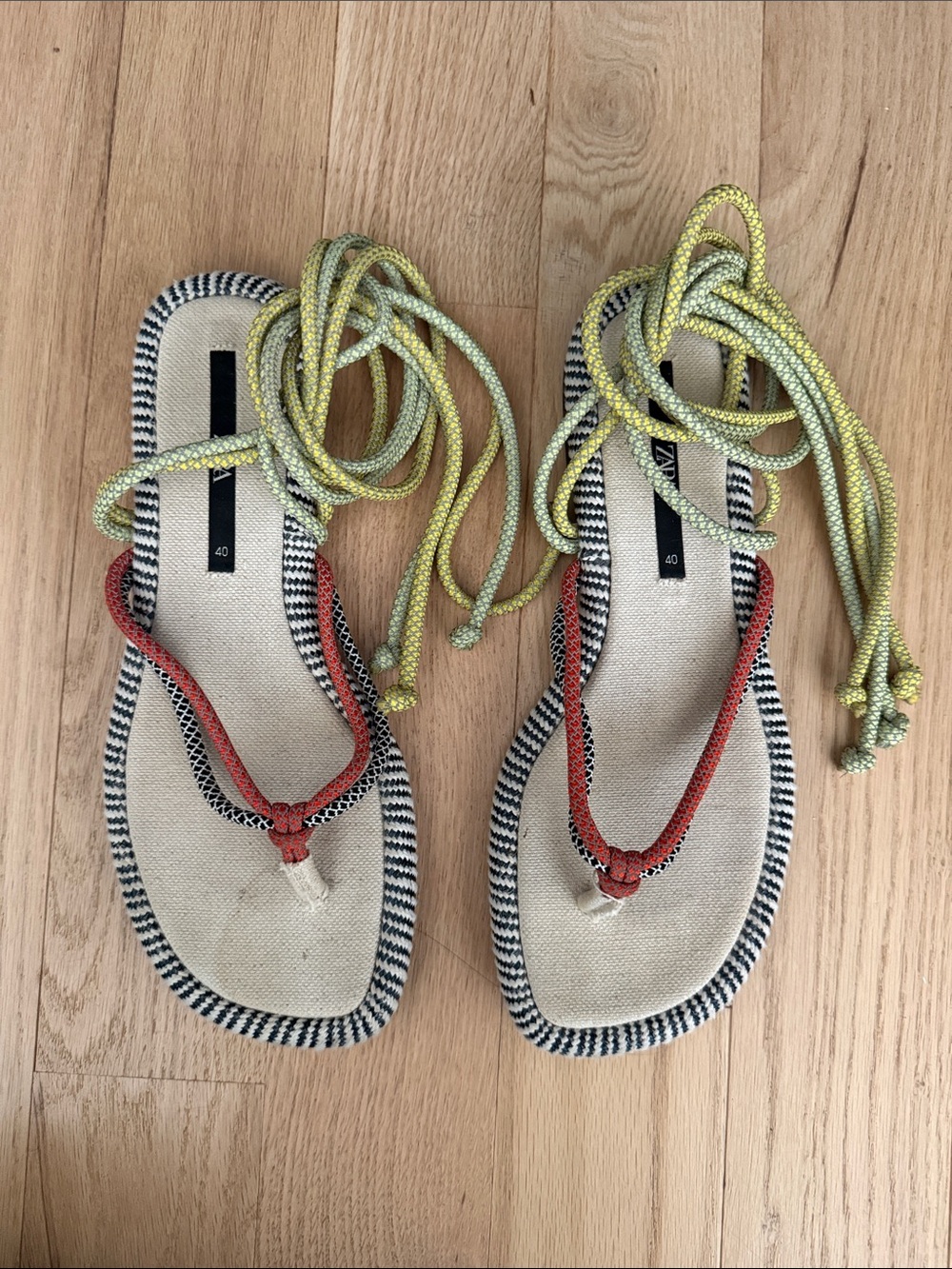 Zara Coral Toe-Rope Sandals with Lime Lace-Up Cords